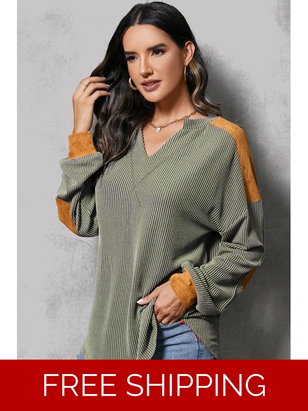 Striped Notched Long Sleeve Blouse